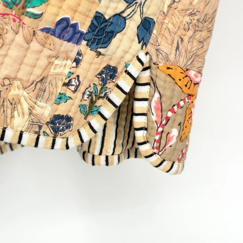 Reversible Quilted Patchwork Jacket Tan Multi Floral Kantha Style Button Front M - Picture 5 of 13